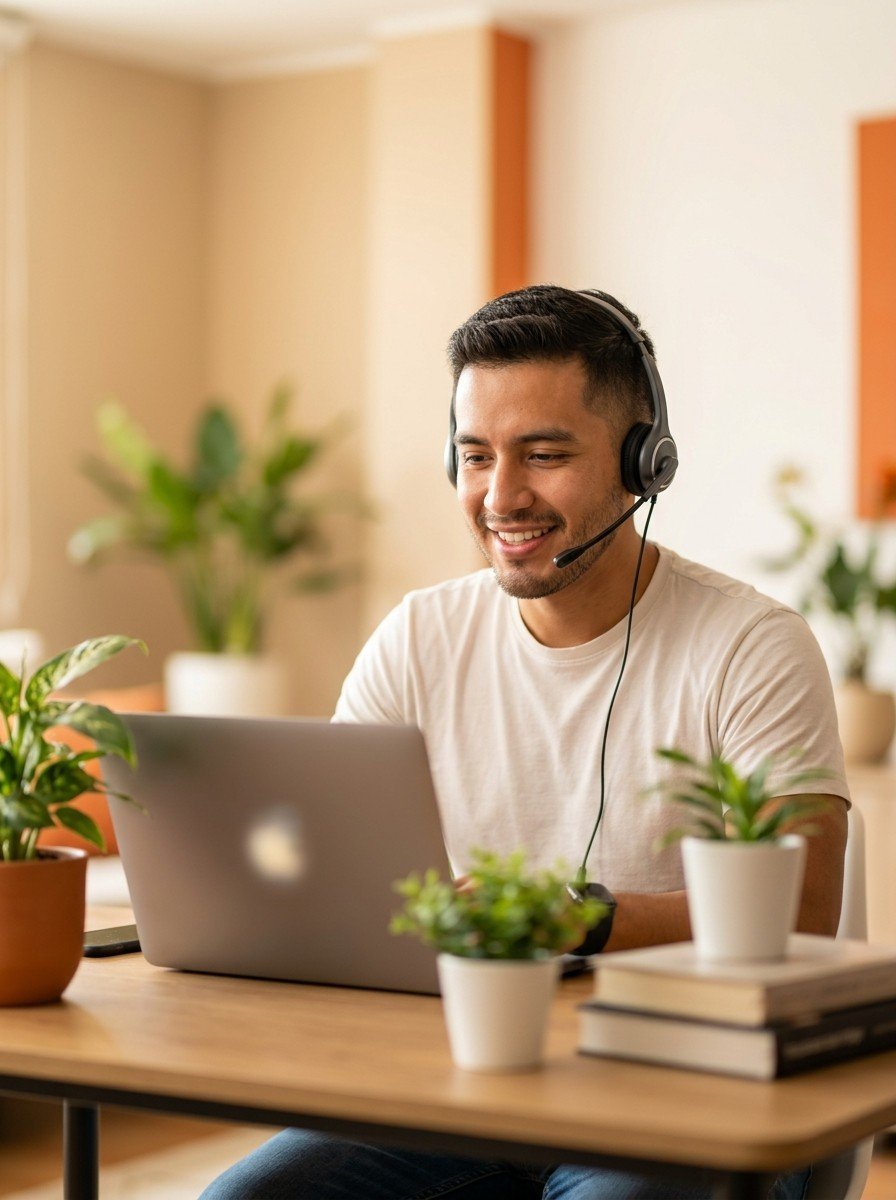 Asesor de Sylar Cloud con diadema sonriendo mientras atiende a un cliente desde su portátil