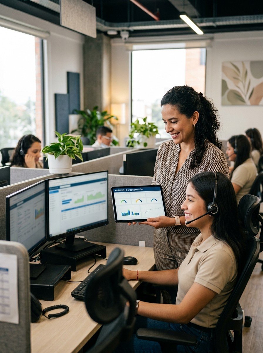 Líder de equipo mostrando métricas en una tableta a una agente con diadema en un BPO