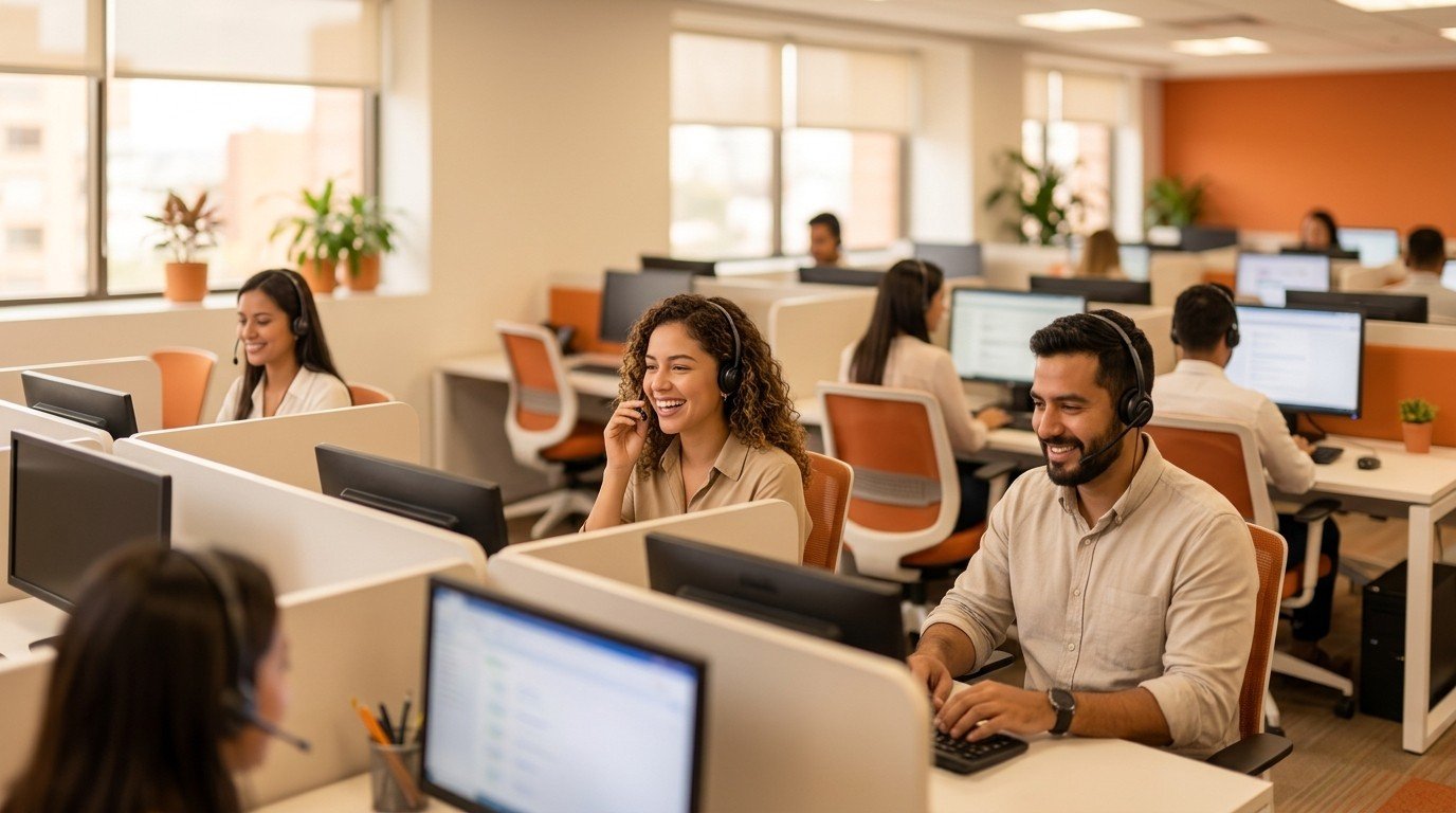 Agentes de call center sonrientes con diadema atendiendo llamadas en una oficina moderna