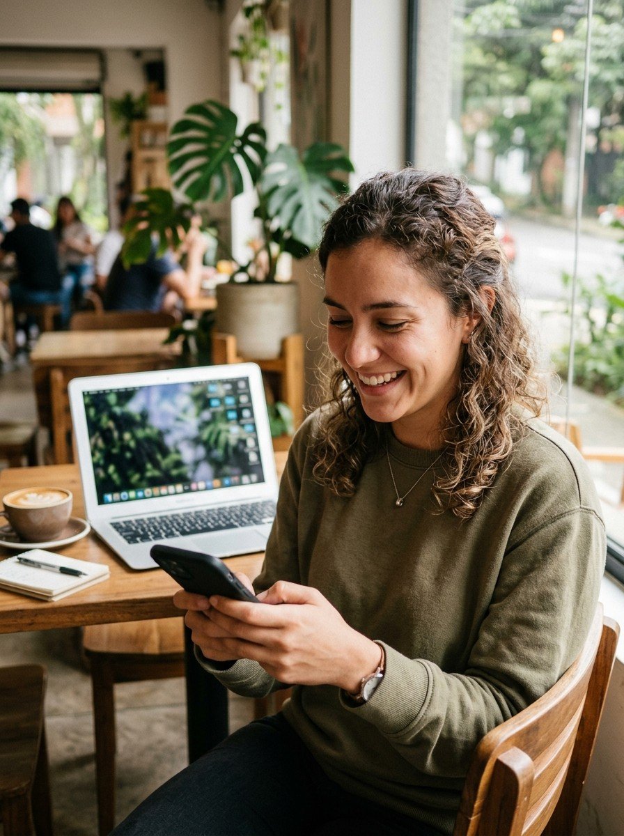 Clienta sonriendo mientras chatea por WhatsApp desde su celular en un café