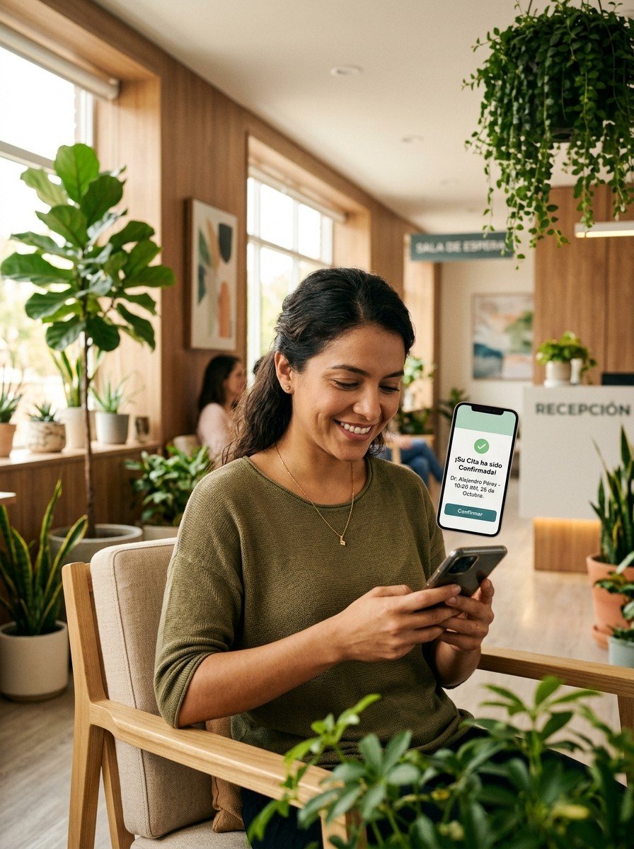 Paciente sonriendo en la sala de espera mientras confirma su cita en el celular